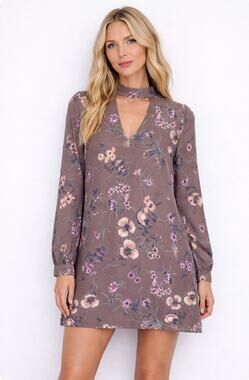 Altar’d State Floral Choker Neck Long Sleeve Shift Dress Taupe Small